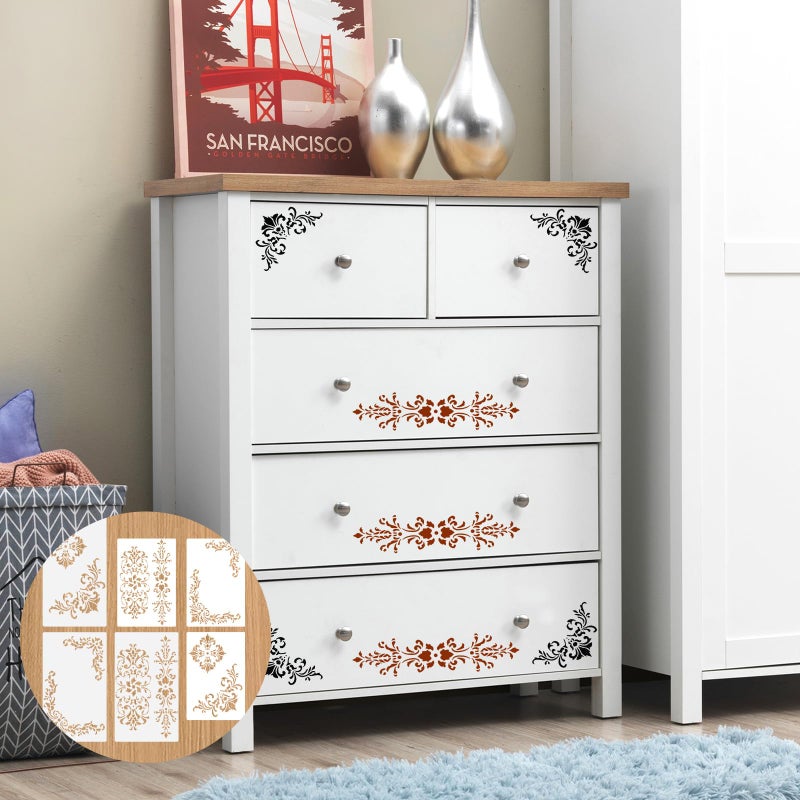 Yuomeaz 6 Pcs Vintage Border Stencil, Floral Corner Stencils for Painting, Reusable Corner Template for Furniture, Scrapbook, Drawing, DIY Craft - Image 2