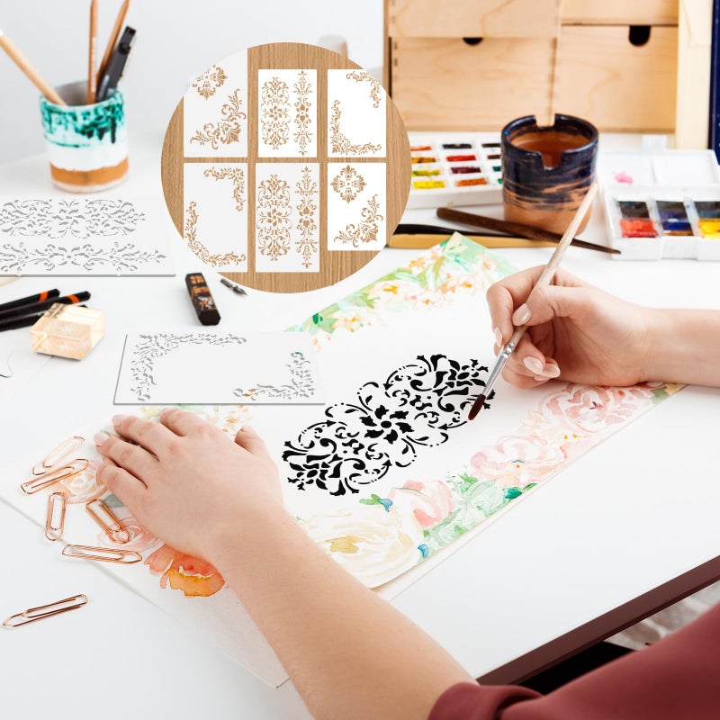 Yuomeaz 6 Pcs Vintage Border Stencil, Floral Corner Stencils for Painting, Reusable Corner Template for Furniture, Scrapbook, Drawing, DIY Craft - Image 4
