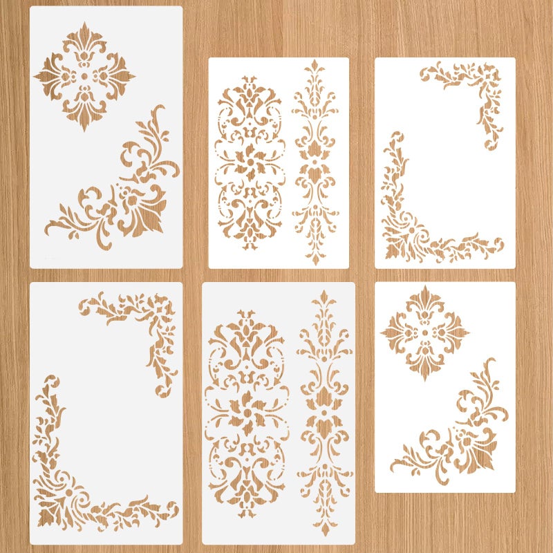 Yuomeaz 6 Pcs Vintage Border Stencil, Floral Corner Stencils for Painting, Reusable Corner Template for Furniture, Scrapbook, Drawing, DIY Craft - Image 1