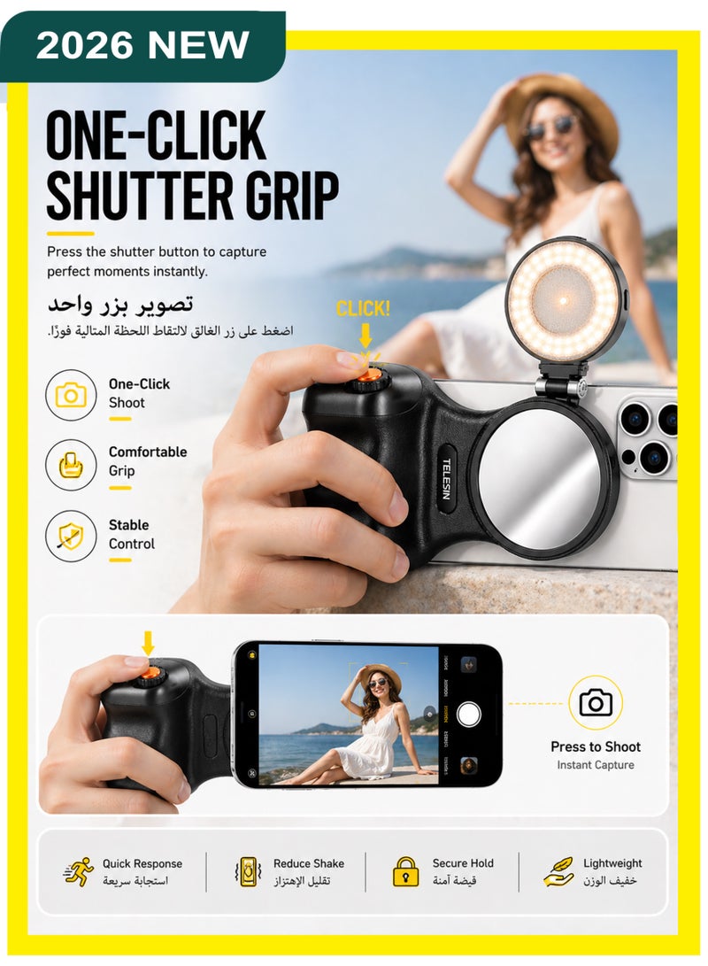 تيليسن قبضة تصوير مغناطيسية بأسلوب الكاميرا السينمائية DSLR للهواتف الآيفون والأندرويد، مزودة بزر الغلق اللاسلكي القابل للإزالة - معتمدة MFI - بربش 1/4 بوصة - قبضة كاميرا إرغونومية مريحة مع ضوء ملء، لون أسود - Image 5