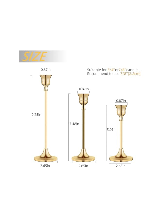 The Bros Vintage Modern Brass Gold Taper Candle Holders, Set of 3, Vintage Modern Decorative Centerpiece for Table Mantel Wedding Housewarming Gift - Image 3