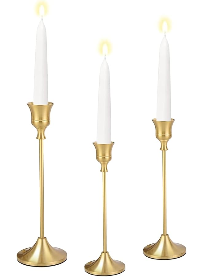 The Bros Vintage Modern Brass Gold Taper Candle Holders, Set of 3, Vintage Modern Decorative Centerpiece for Table Mantel Wedding Housewarming Gift - Image 1