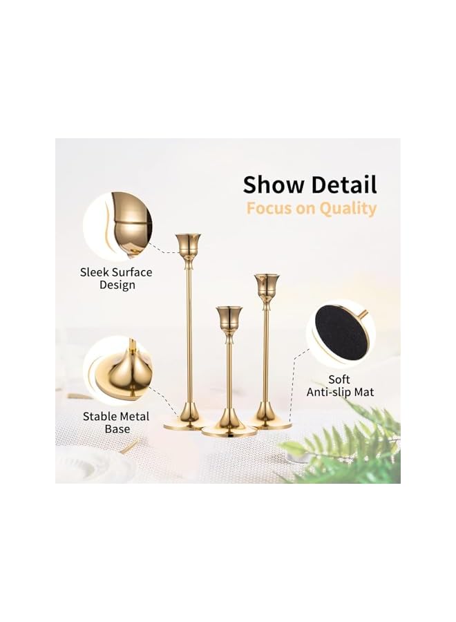 The Bros Vintage Modern Brass Gold Taper Candle Holders, Set of 3, Vintage Modern Decorative Centerpiece for Table Mantel Wedding Housewarming Gift - Image 5