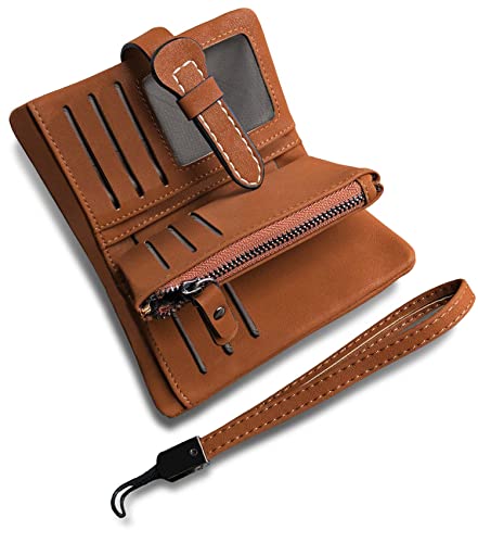 AOXONEL Women's Small Bifold Leather wallet Rfid blocking Ladies Wristlet with Card holder id window Coin Purse (Brown3) - Image 1