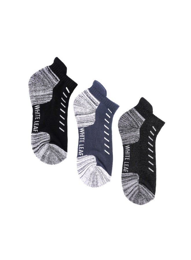White Leaf Men’s Sneaker Half-Terry Low-Cut Socks – Breathable, Moisture-Wicking, Stay-Up Grip– 3 Pairs (Dark Gray, Blue, Black) | Suitable for All Seasons, Business Casual Wear, Free Size - Image 2