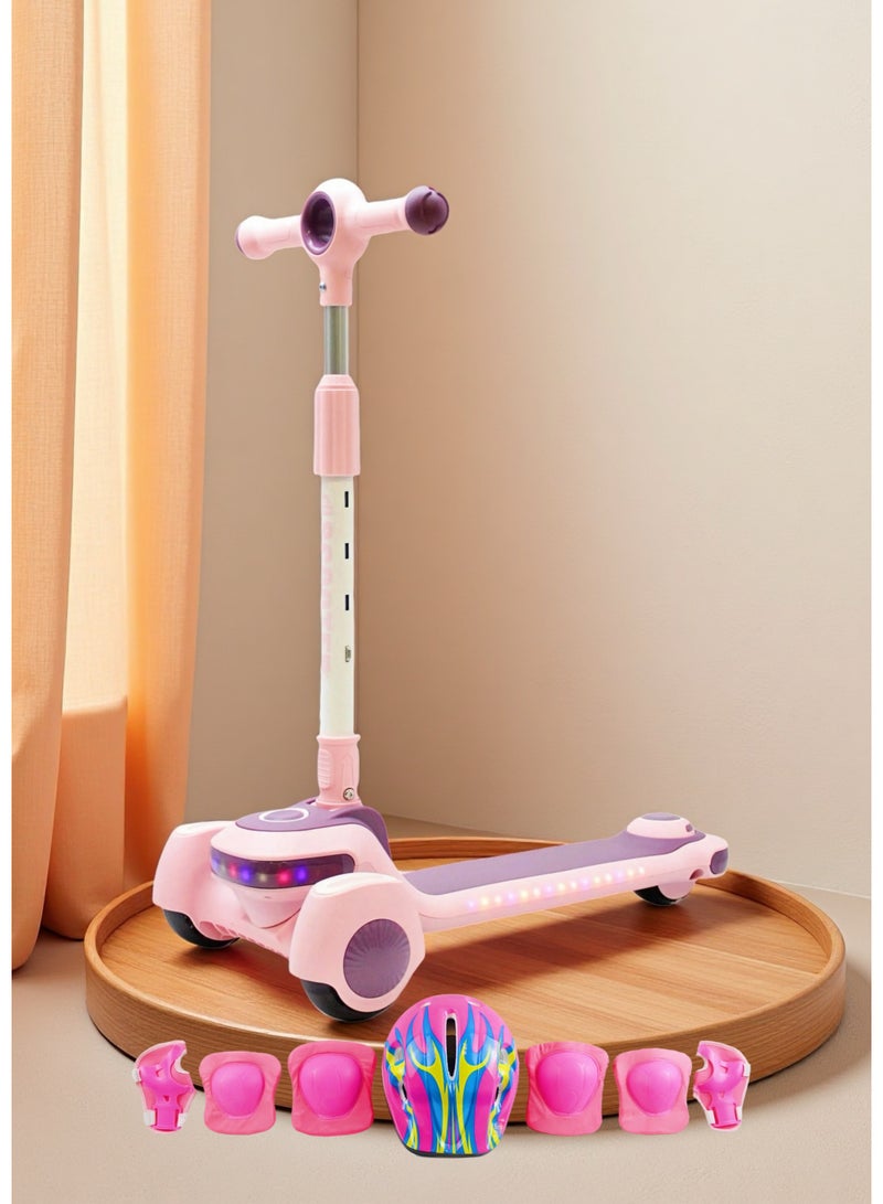 إيزي فيتشور سكوتر ركل للأطفال من إيزي فيوتشر: تصميم قابل للطي، مقبض قابل لضبط الارتفاع، عجلات LED، فرامل خلفية وموسيقى للأعمار من 3 إلى 8 سنوات، بما في ذلك مجموعة معدات الحماية الكاملة - Image 1