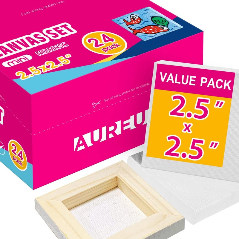 AUREUO Mini Stretched Canvas - 2.5x2.5 Inch / 24 Pack - 2/5 Inch Profile Small Square Canvas - Gift Set Bulk Pack Canvases for Acrylic Painting & Craft - Image 1
