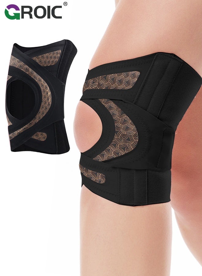 GROIC 1PC Adjustable Knee Brace with Cross Straps, Sports Knee Support, Athletic Knee Protector, Sided Flexible Springs, for Pain Relief, Sports, Running, Hiking, Basketball, Jumping - XL - Image 1