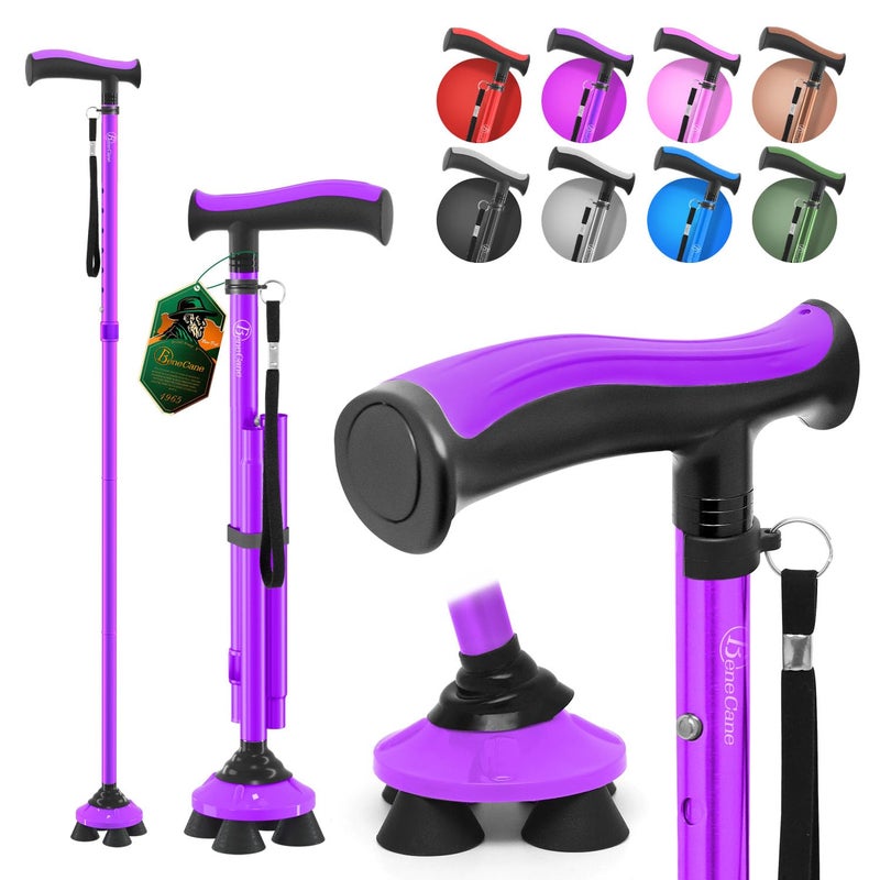 BeneCane Walking Cane for Men & Women Walking Stick for Seniors Folding Canes Quad Cane Adjustable Lightweight Sturdy Collapsible Heavy Duty with Soft TPR T-Handle and Travel Bag - Image 1