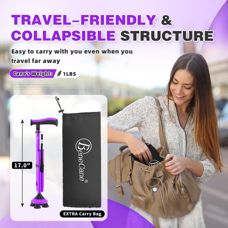 BeneCane Walking Cane for Men & Women Walking Stick for Seniors Folding Canes Quad Cane Adjustable Lightweight Sturdy Collapsible Heavy Duty with Soft TPR T-Handle and Travel Bag - Image 4