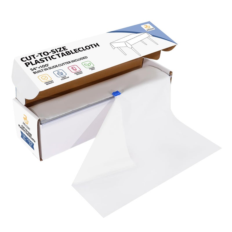 JHDZDHY JHDZDHY 54 Inch X 100 Feet Plastic Table Cover Roll Disposable Tablecloth with Slide Cutter for All TypeShape Tables  Picnic Party Banquet Birthdays Weddings White