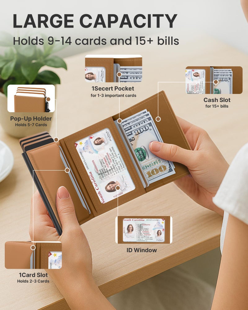 typecase Womens Wallet Card Holder: Pop Up Card Case, Genuine Leather, RFID Blocking, Slim, Minimalist, Thin, Small Size - 9-14 Card Capacity, ID Window, Cash Pocket (Caramel Tan) - Image 3