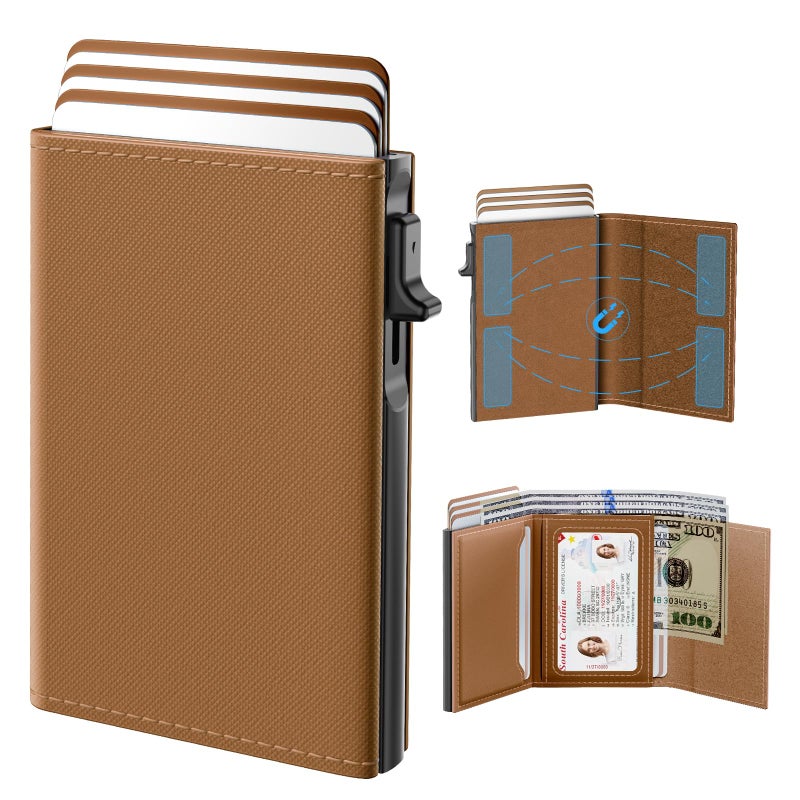 typecase Womens Wallet Card Holder: Pop Up Card Case, Genuine Leather, RFID Blocking, Slim, Minimalist, Thin, Small Size - 9-14 Card Capacity, ID Window, Cash Pocket (Caramel Tan) - Image 1
