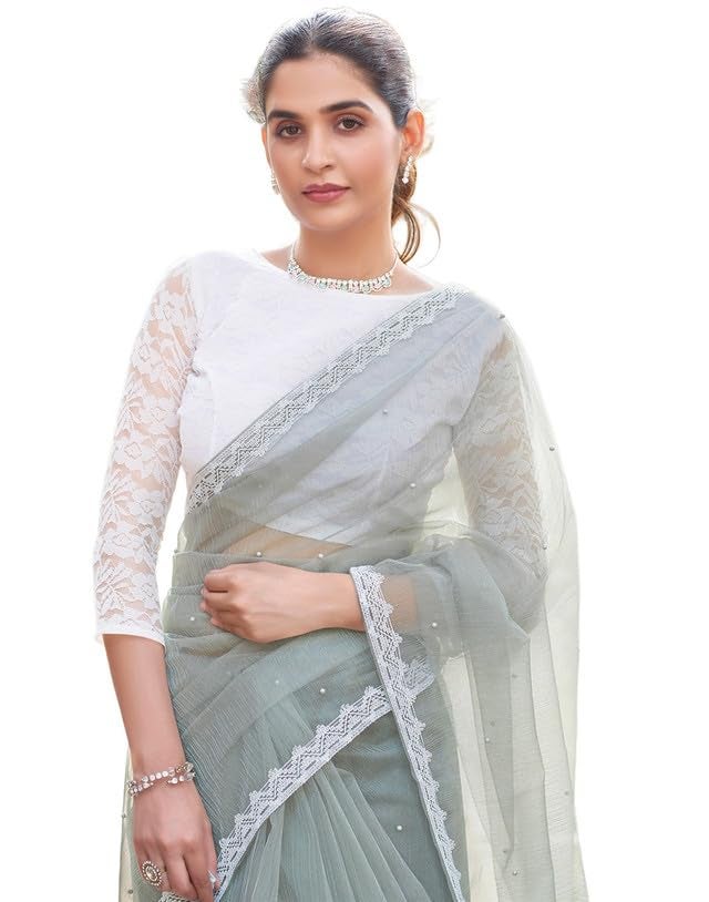 SIRIL Women's Shimmer Net Saree | Sari for Women | Pearl Work Sarees With Unstitched Blouse Piece (3563S366A_Grey) - Image 1