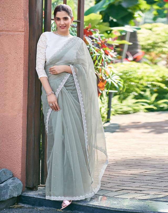 SIRIL Women's Shimmer Net Saree | Sari for Women | Pearl Work Sarees With Unstitched Blouse Piece (3563S366A_Grey) - Image 3