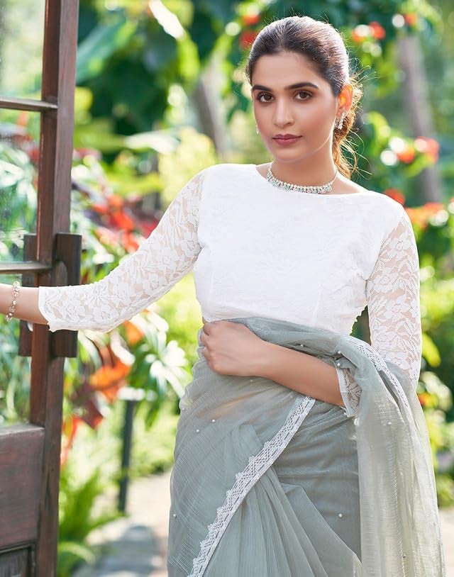 SIRIL Women's Shimmer Net Saree | Sari for Women | Pearl Work Sarees With Unstitched Blouse Piece (3563S366A_Grey) - Image 4