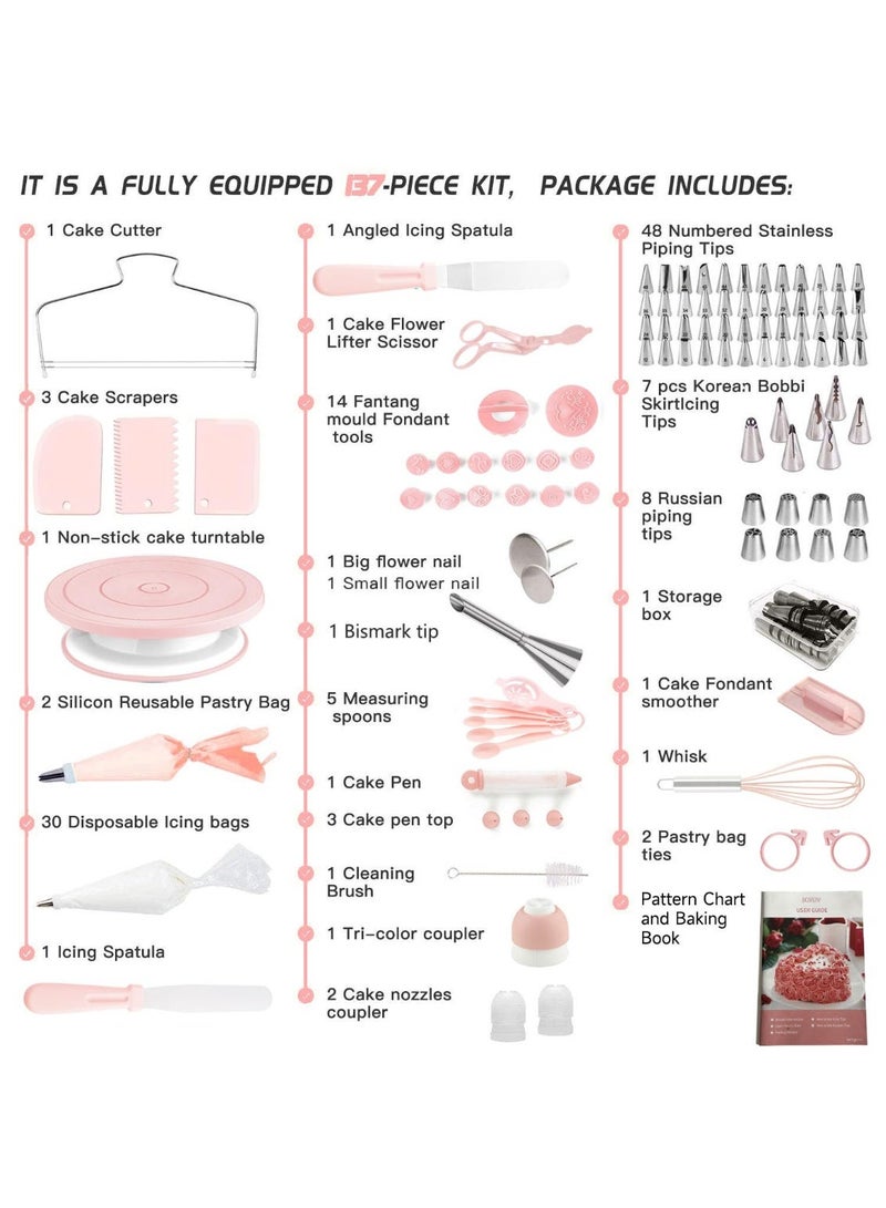 Cake Decorating Kit,137pcs Cake Decorating Supplies with Cake Turntable for Decorating,Pastry Piping Bag,Russian Piping Tips Baking Tools, Cake Baking Supplies for Beginners(Light Pink) - Image 3