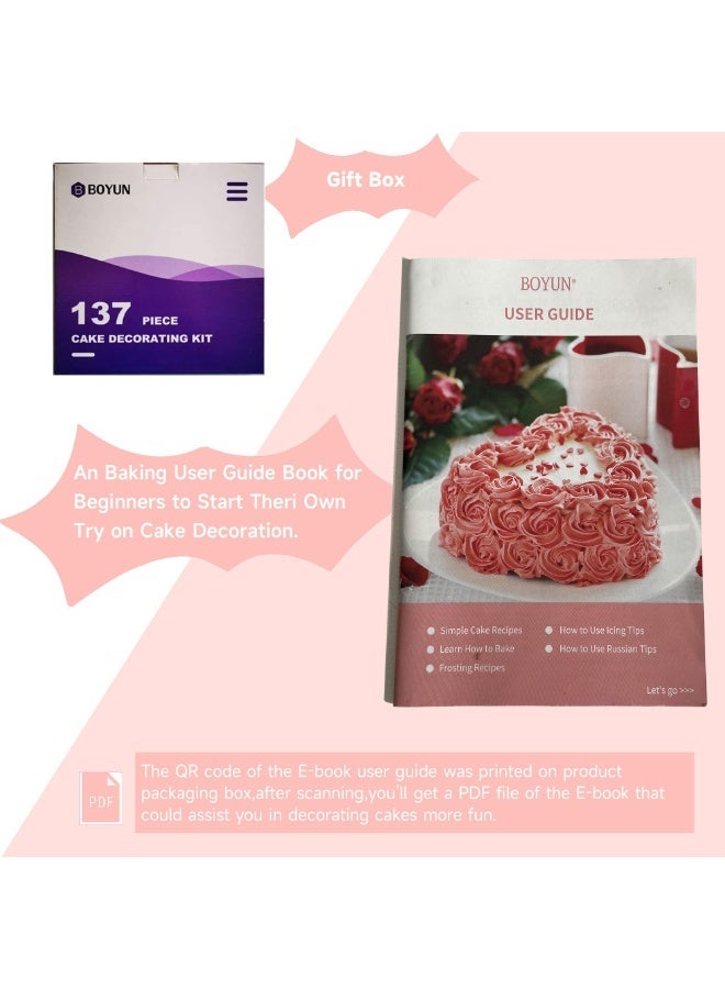 Cake Decorating Kit,137pcs Cake Decorating Supplies with Cake Turntable for Decorating,Pastry Piping Bag,Russian Piping Tips Baking Tools, Cake Baking Supplies for Beginners(Light Pink) - Image 5