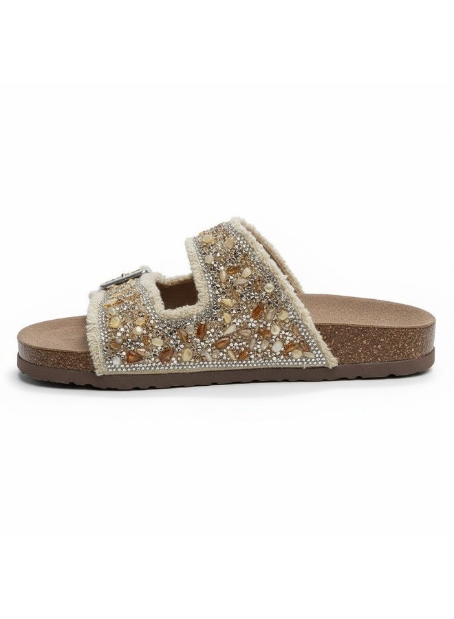 Distinctive women's slippers with double metal buckles, embellished with crystals and beads - Image 3
