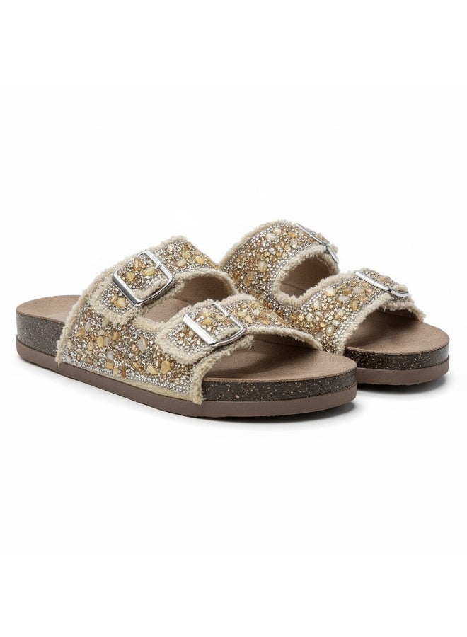 Distinctive women's slippers with double metal buckles, embellished with crystals and beads - Image 1