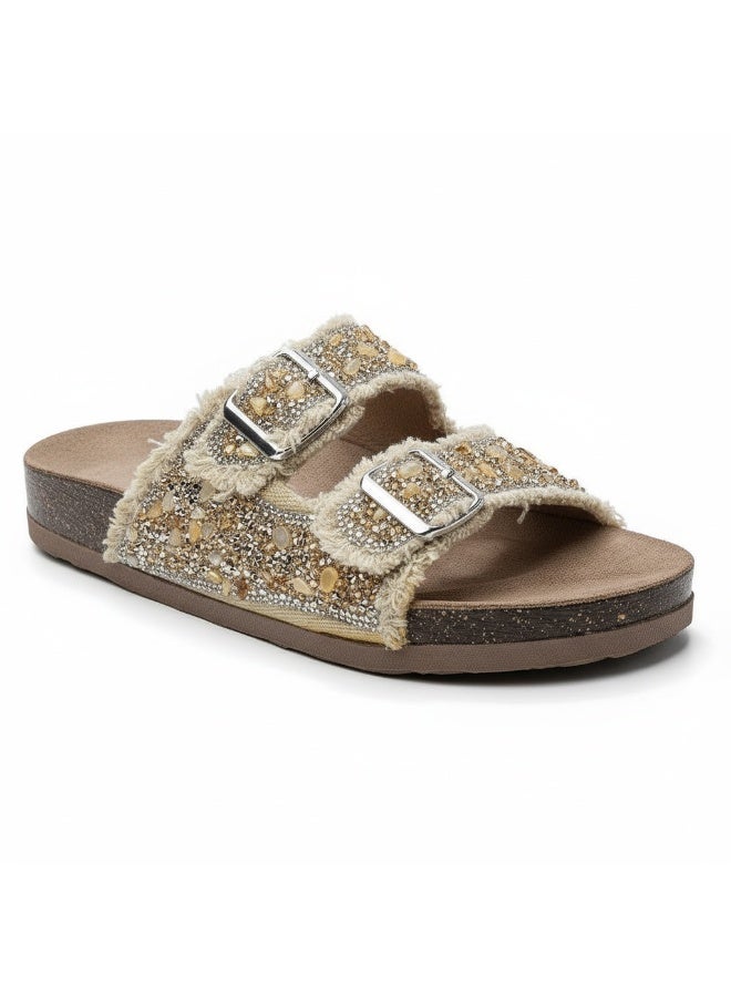 Distinctive women's slippers with double metal buckles, embellished with crystals and beads - Image 5