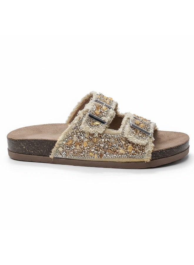 Distinctive women's slippers with double metal buckles, embellished with crystals and beads - Image 2