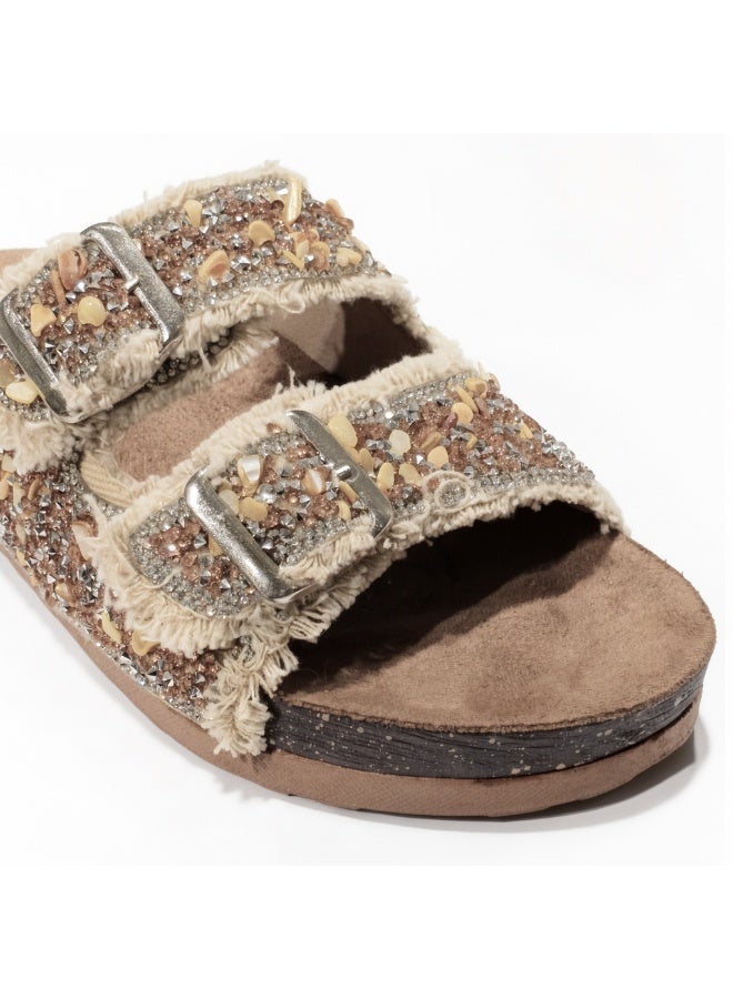 Distinctive women's slippers with double metal buckles, embellished with crystals and beads - Image 4