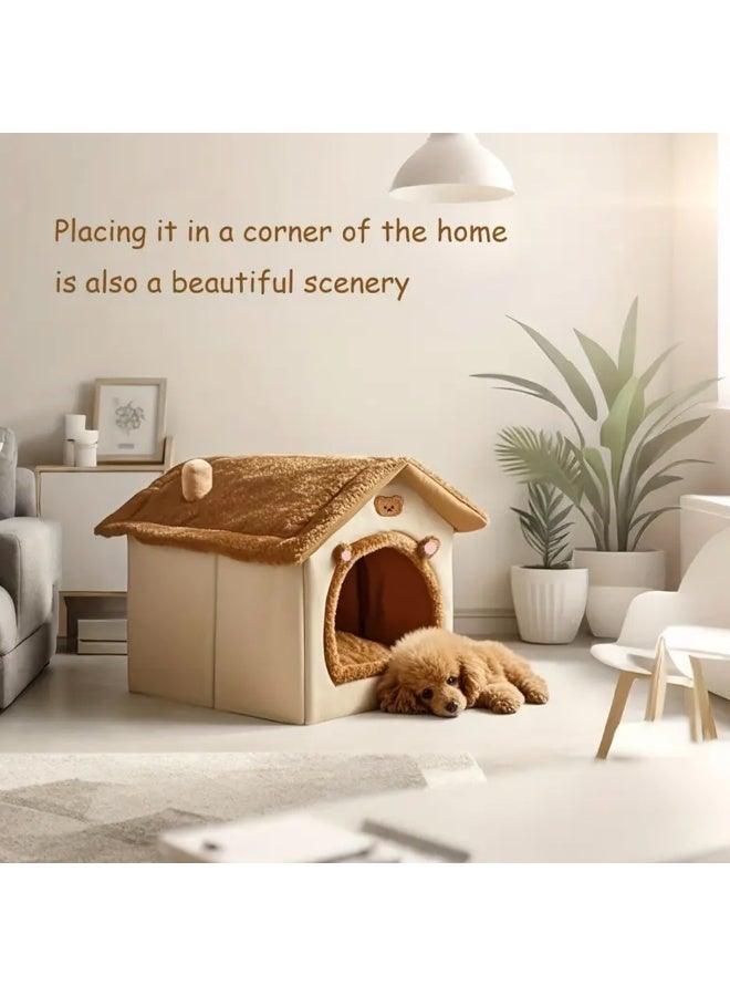 منزل كوخ ناعم وفاخر للقطط والكلاب بتصميم دب كرتوني جميل، سرير حيوانات أليفة شتوي دافئ ومريح، مادة فرو مخملي فائقة النعومة مع قاعدة متينة وغير قابلة للانزلاق، قابل للطي لسهولة النقل والتخزين، مزود بفرشة إسفنجية قابلة للإزالة والغسل، مثالي للاستخدام داخل المنزل وغرف النوم، يوفر مأوى آمنًا ومريحًا لقطتك أو جروك. - Image 2