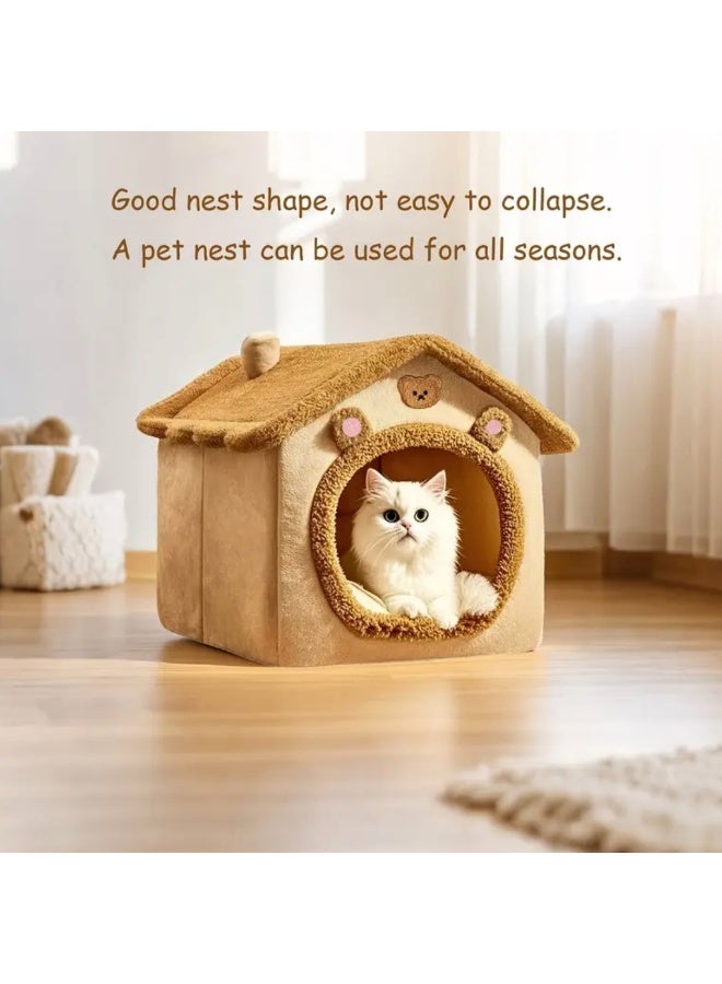 منزل كوخ ناعم وفاخر للقطط والكلاب بتصميم دب كرتوني جميل، سرير حيوانات أليفة شتوي دافئ ومريح، مادة فرو مخملي فائقة النعومة مع قاعدة متينة وغير قابلة للانزلاق، قابل للطي لسهولة النقل والتخزين، مزود بفرشة إسفنجية قابلة للإزالة والغسل، مثالي للاستخدام داخل المنزل وغرف النوم، يوفر مأوى آمنًا ومريحًا لقطتك أو جروك. - Image 4