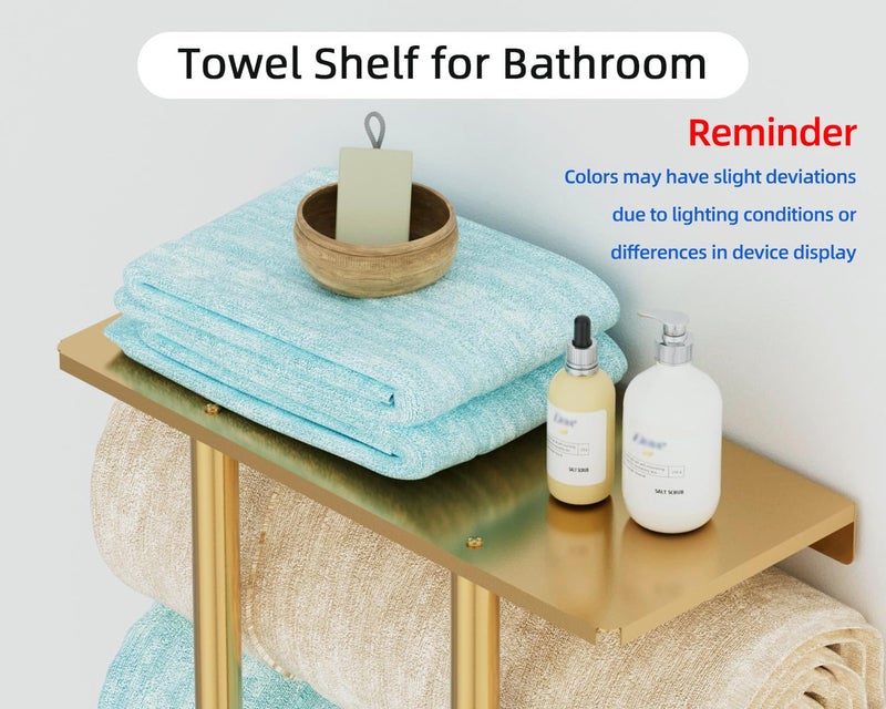 Bethom Towel Rack with Metal Shelf and 3 Hooks, Bethom Towel Racks for Bathroom Wall Mounted, Metal Gold Bath Towel Holder Storage Wall for Small Bathroom - Image 2
