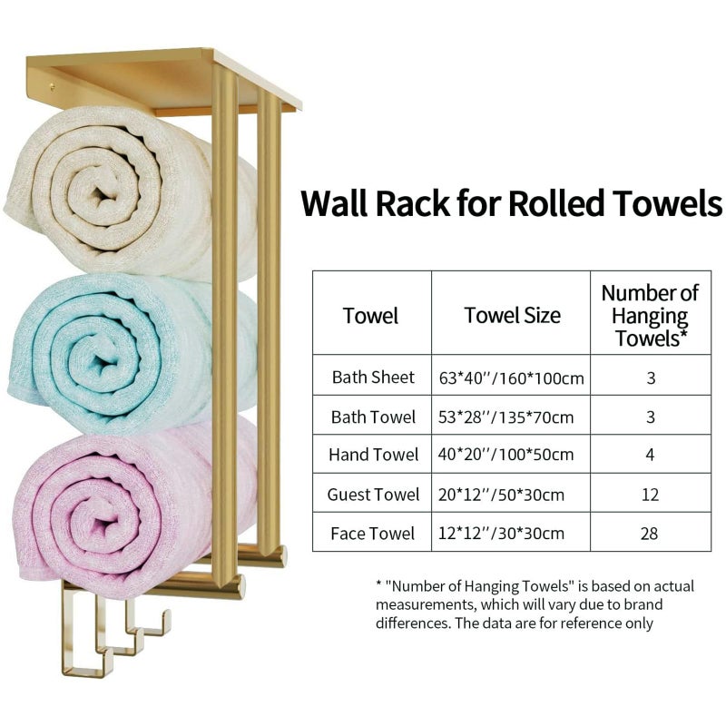 Bethom Towel Rack with Metal Shelf and 3 Hooks, Bethom Towel Racks for Bathroom Wall Mounted, Metal Gold Bath Towel Holder Storage Wall for Small Bathroom - Image 4