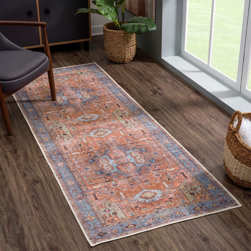 Bloom Rugs Washable 7 ft Runner  TerracottaBlue Traditional Runner for Entryway Hallway Bathroom and Kitchen  Exact Size 25 x 7