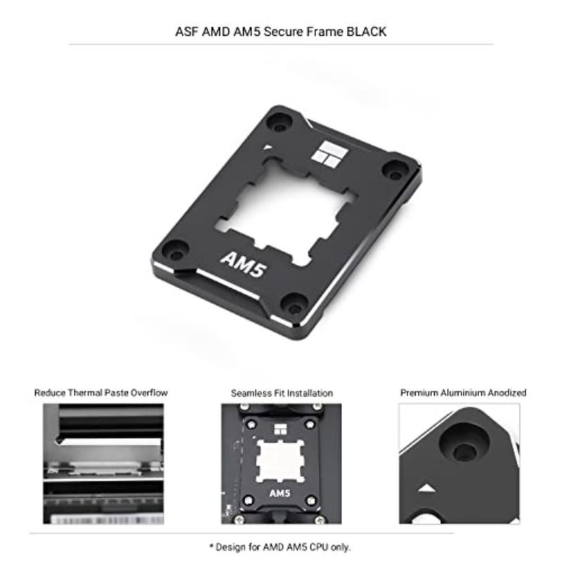 حامل وحدة المعالجة المركزية ASF-Black AM5 قطعة واحدة لوحدات المعالجة المركزية AMD AM5، إطار مضاد للانحناء من سبائك الألومنيوم، يمنع تشوه المقبس، لمسة نهائية سوداء غير لامعة، تركيب دقيق لا يترك علامات - Image 3