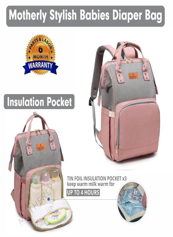 Motherly Crown Melange Fabric Diaper Bag With Golden Zip With Warranty | Spacious Diaper Bags for Mom | baby bag for mother travel | Maternity Bags for Mother and Baby - Pink & Grey - Image 2