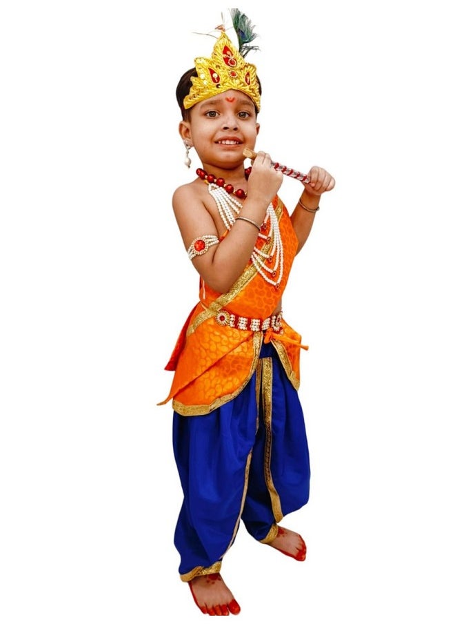 BookMyCostume BookMyCostume Krishna Costume with Heavy Jewellery and Mukut Set - Janmashtami Premium Dress for Baby Kanha Boys & Girls - Blue & Orange 6-7 Yrs  - Image 2