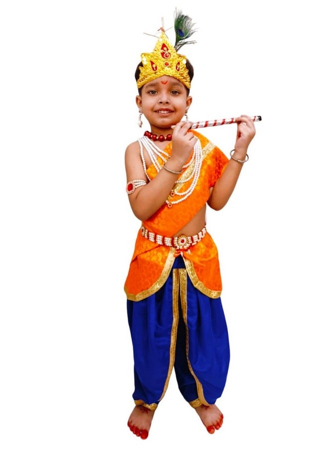 BookMyCostume BookMyCostume Krishna Costume with Heavy Jewellery and Mukut Set - Janmashtami Premium Dress for Baby Kanha Boys & Girls - Blue & Orange 6-7 Yrs  - Image 1