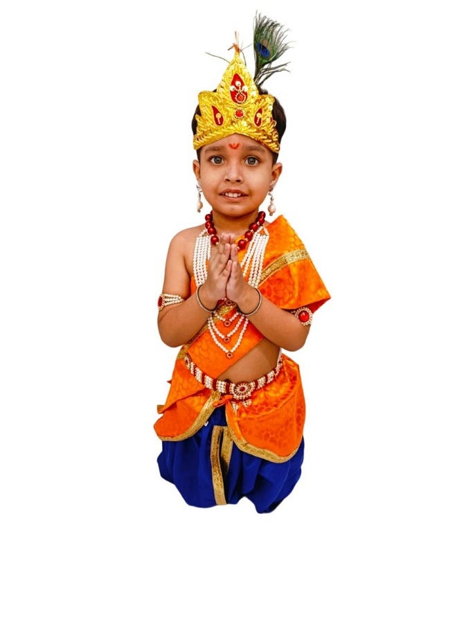 BookMyCostume BookMyCostume Krishna Costume with Heavy Jewellery and Mukut Set - Janmashtami Premium Dress for Baby Kanha Boys & Girls - Blue & Orange 6-7 Yrs  - Image 5