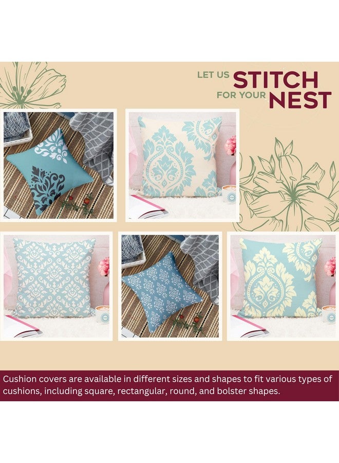 STITCHNEST Set of 5 Polycotton Cushion Covers - 16x16 Inches - Teal & Cream Ethnic Damask Print - Elegant Cushion Covers for Sofa, Couch & Living Room Decor - Image 2