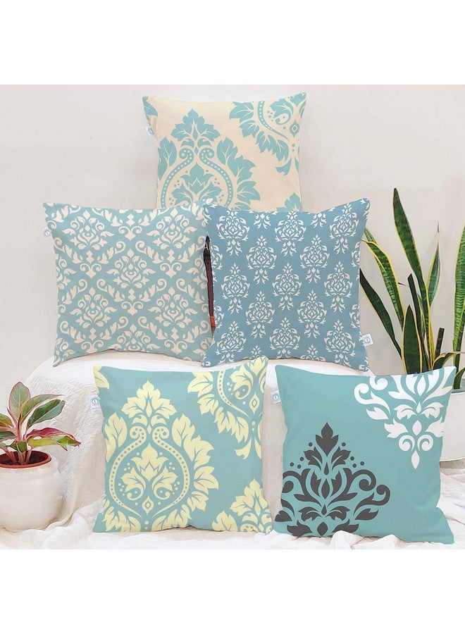 STITCHNEST Set of 5 Polycotton Cushion Covers - 16x16 Inches - Teal & Cream Ethnic Damask Print - Elegant Cushion Covers for Sofa, Couch & Living Room Decor - Image 1