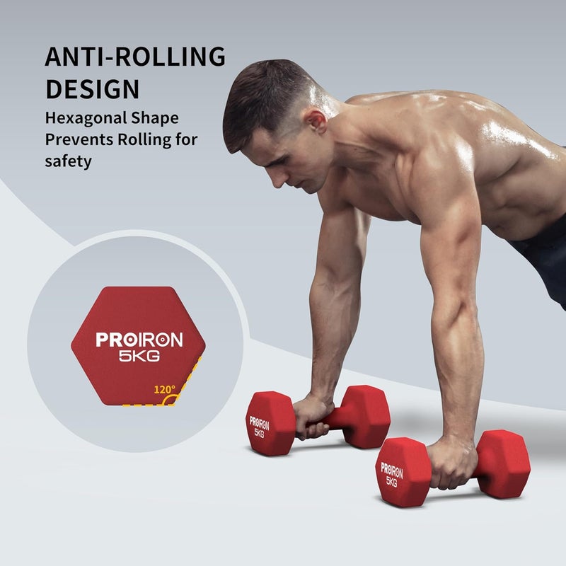 PROIRON Hex Neoprene Dumbbell Set - 2x5KG - Image 2