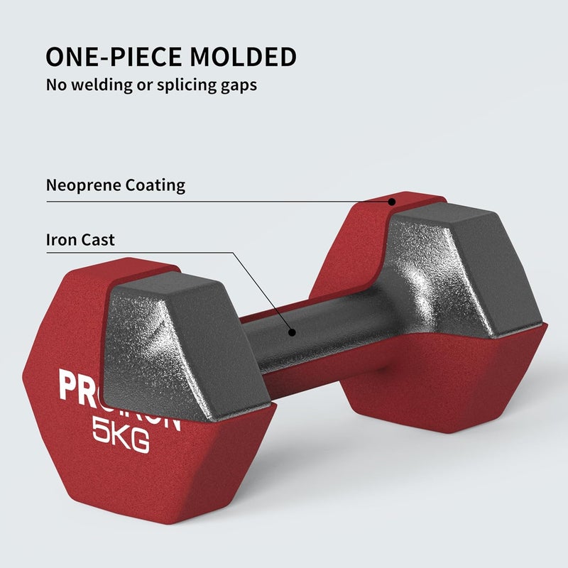 PROIRON Hex Neoprene Dumbbell Set - 2x5KG - Image 3