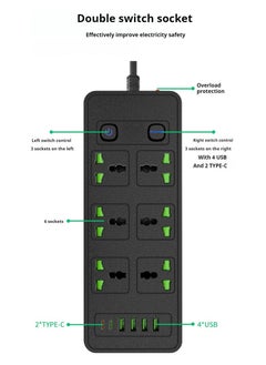 Anmi 5m Power Strip with USB Slots, 6 Way Sockets Outlets with 2 Type-C Slots and 4 USB Ports, Extension Cable with Switch Surge Protected Power Strips(3000W/13A), UK Multi Plug Adapter Electrical Cords  - Image 4