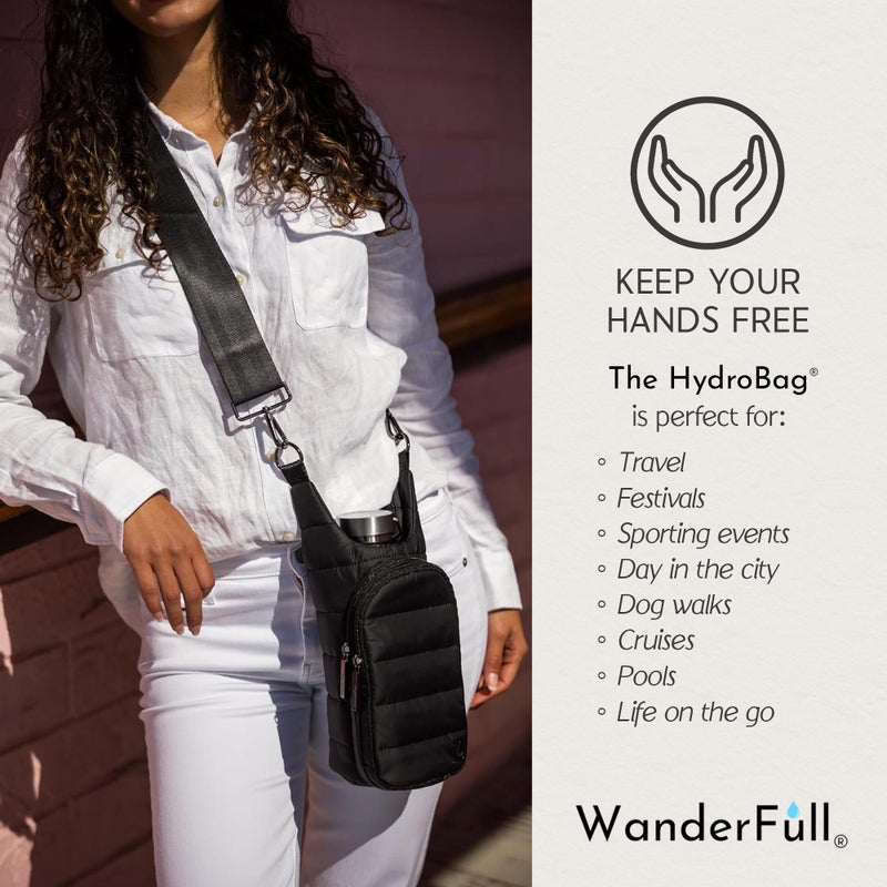 WanderFullÂ® Original HydroBagÂ®, Fits Up to 32 oz Water Bottle Holder with Strap, Hands-Free Crossbody, Water Bottle Carrier Bag with Phone Pocket - Black Matte - Image 4