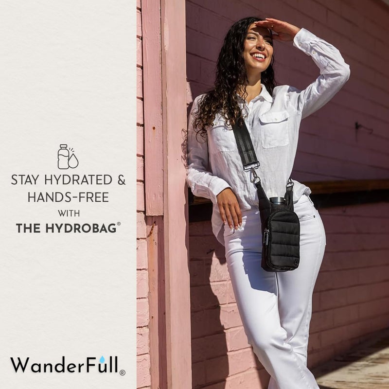 WanderFullÂ® Original HydroBagÂ®, Fits Up to 32 oz Water Bottle Holder with Strap, Hands-Free Crossbody, Water Bottle Carrier Bag with Phone Pocket - Black Matte - Image 2