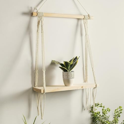 My Creative Hut Macram Wall Hanging Shelf Pine Wood Floating Shelve with Wooden Dowel Modern Chic Woven Dcor for Dorm Living Room Nursery Beige 30 cm x 45 cm Minimalist - Image 3