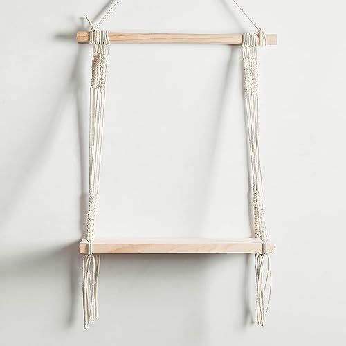 My Creative Hut Macram Wall Hanging Shelf Pine Wood Floating Shelve with Wooden Dowel Modern Chic Woven Dcor for Dorm Living Room Nursery Beige 30 cm x 45 cm Minimalist - Image 4