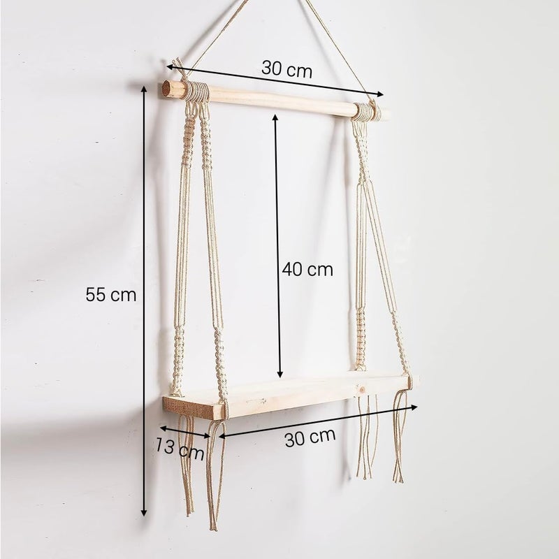 My Creative Hut Macram Wall Hanging Shelf Pine Wood Floating Shelve with Wooden Dowel Modern Chic Woven Dcor for Dorm Living Room Nursery Beige 30 cm x 45 cm Minimalist - Image 2