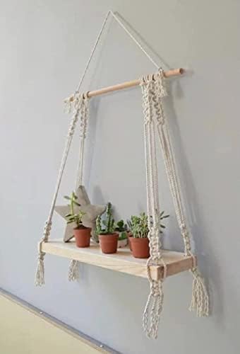 My Creative Hut Macram Wall Hanging Shelf Pine Wood Floating Shelve with Wooden Dowel Modern Chic Woven Dcor for Dorm Living Room Nursery Beige 30 cm x 45 cm Minimalist - Image 1