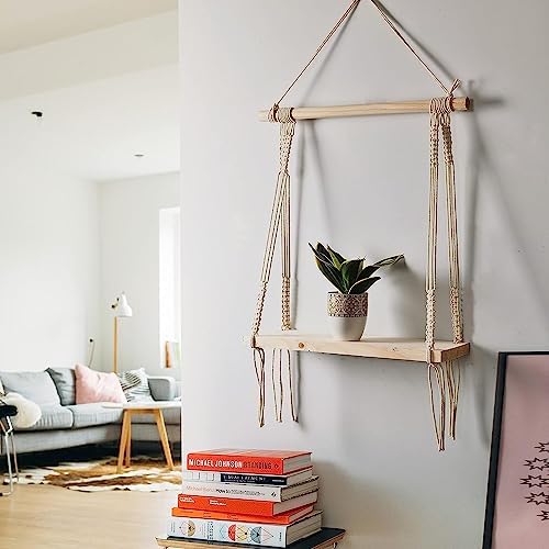 My Creative Hut Macram Wall Hanging Shelf Pine Wood Floating Shelve with Wooden Dowel Modern Chic Woven Dcor for Dorm Living Room Nursery Beige 30 cm x 45 cm Minimalist - Image 5