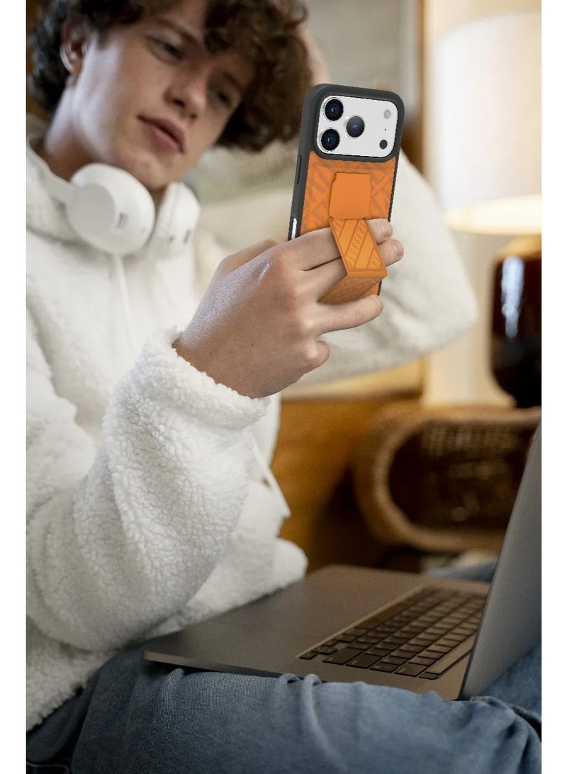 LEVELO iPhone 17 Pro Max Case Morphix Cuero Gripstand With Magnetic Strap For Secure Hold & Horizontal & Vertical Stand / Raised Edges / One-Hand Grip / Shock-Resistant Bumper / Luxury Printed Branding Back Cover / Slim Fit Design - Sunrise Orange - Image 2